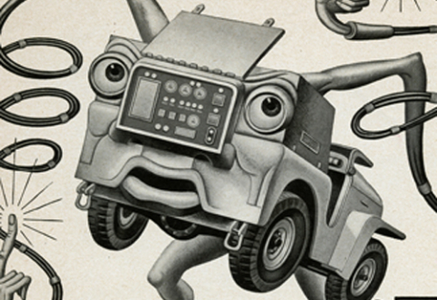Cartoon-style drawing of a Jeep with legs, arms, eyes, and a mouth