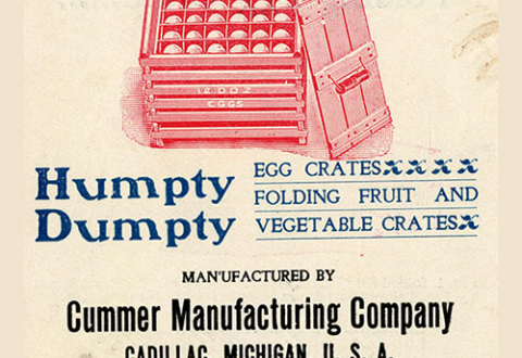 Detail of cover of a brochure showing different types of egg crates, about 1900