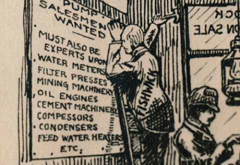 Detail of cartoon drawing of men sitting around an old-time general store. One man is nailing up a sign that reads, in part, “Pump Salesmen Wanted. Must be experts upon water meters, filters, . . . engines . . . compressors . . . etc.”