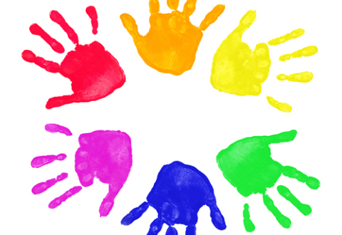 Brightly colored simple drawings of hands in s cricle