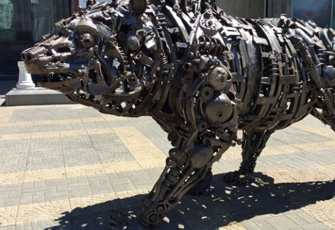 Bear sculpture in Yerevan, Armenia, made of recycled metal parts, by Ara Alekyan