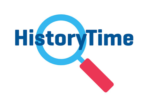 Logo: words History Time in blue superimposed over a light blue magnifying glass with a red handle