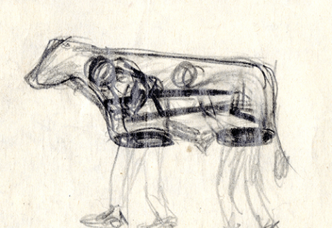 An undated pencil sketch by Leonard Karr of a hunting blind in the shape of a cow. Leonard Karr Collection, Archives Center, National Museum of American History (AC762-0000009)