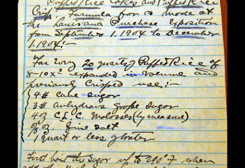 A handwritten recipe for puffed rice cakes and crisps, by Alexander Anderson, 1904