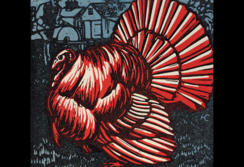 Color woodcut of a turkey in profile, with a farmer sharpening his knife in the background