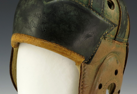 A leather helmet worn by Gerald Ford while playing football for Michigan in the 1930's. From Wikimedia Commons. 