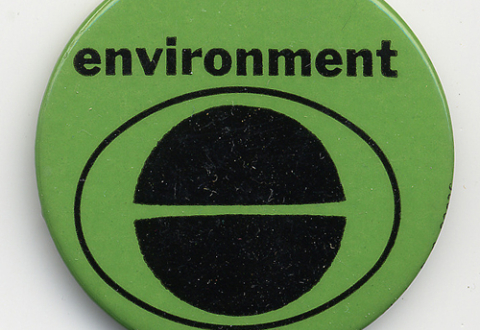 Green metal button with “environment” in black letters above the Earth Day logo