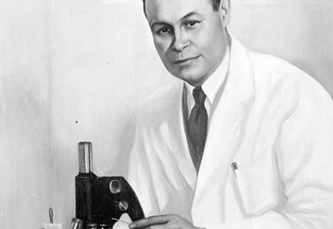 Portrait painting of Charles Drew, wearing a lab coat and holding a microscope