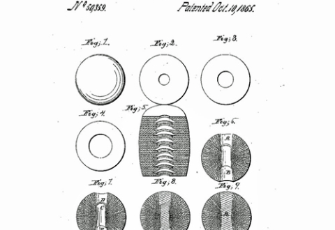 9 figures from US Patent 50,359, awarded to John Wesley Hyatt, Jr., in 1865. Figures 1 through 7 and 9 are circular, detailing different parts of the composition of the ball. Figure 8 shows the plug that runs through the core of the ball.