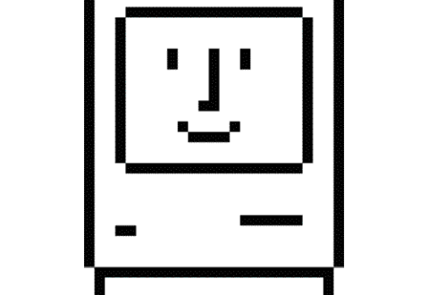 A black-and-white icon of a Mac Classic computer with a smiling face on the screen. 