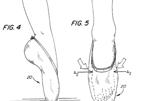 Patent drawings of a pointe shoe from the side and front.