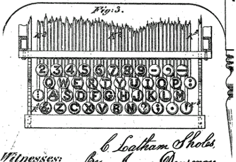 Figure 3 of Sholes US Patent 207,559 (1878) shows the now-standard QWERTY keyboard layout.