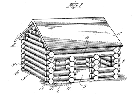 Figure 1 from John Lloyd Wright’s US Patent 1,351,086 for “Toy Cabin Construction,” dated August 31, 1920. The pen-and-ink figure shows a log cabin with a door and two windows.