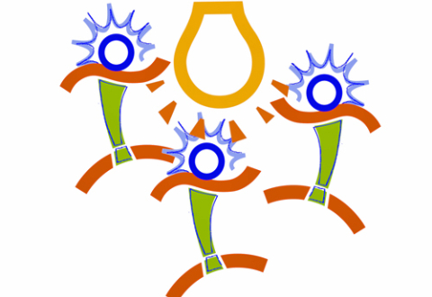 3 Sparky stick figures tumbling around a drawing of a light bulb.