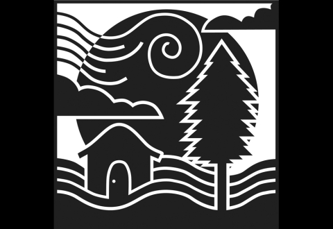 Block print in black and white, showing stylized tree, river, house, sun, and clouds