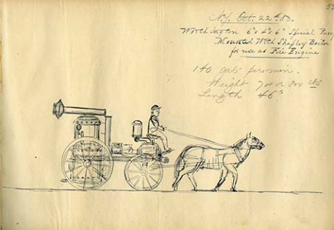 Sketch of regulator for jacket driving pump by William A. Bicknell, October 24, 1894.  Worthington Pump and Machinery Corporation Records (AC0916-0000003)