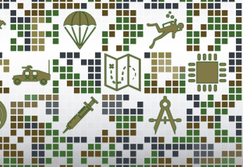 A detail from the logo banner for Military Invention Day 2018, showing stylized drawings of an armored vehicle, a parachute, a hypodermic syringe, a scuba diver, an integrated circuit, and a drafting compass, set among a mosaic of squares in shades of green, brown, and blue.