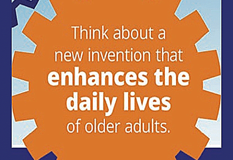 An outline of a gear, pictured in solid orange, with the words (in white lettering): Think about a new invention that enhances the daily lives of older adults.