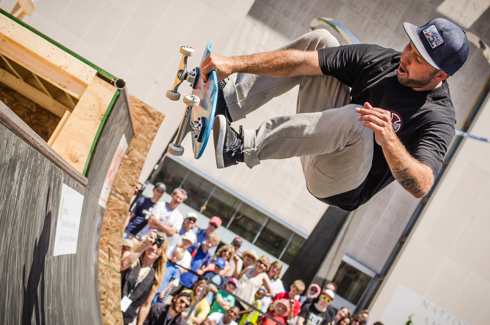 Professional skater Chris Haslam attempts to skate the miniramp on the 1970s era board.