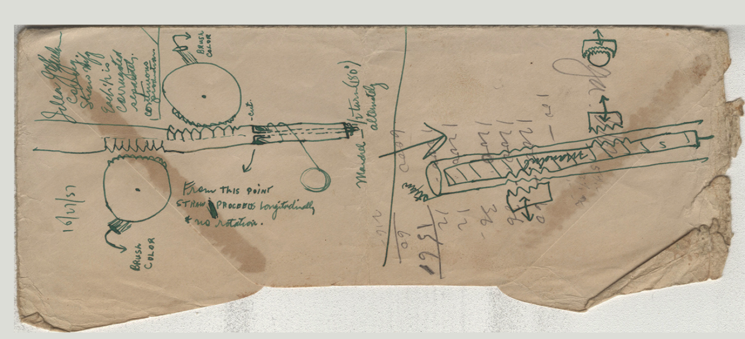 Torn business-size envelope with concept sketches in green ink with pencil and ink annotations for manufacturing flexible drinking straws, [October 27, 1937]