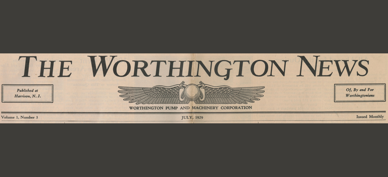 Masthead for The Worthington News, Worthington Pump and Machinery Corporation, July 1929, featuring a line drawing of two wings with an orb between them.