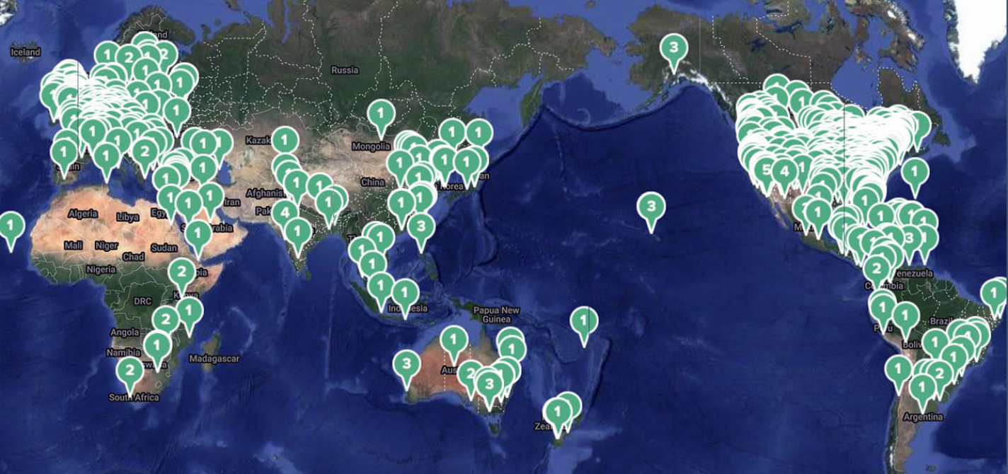 A world map with Google map pins scattered around the world, each indicating a place of invention.