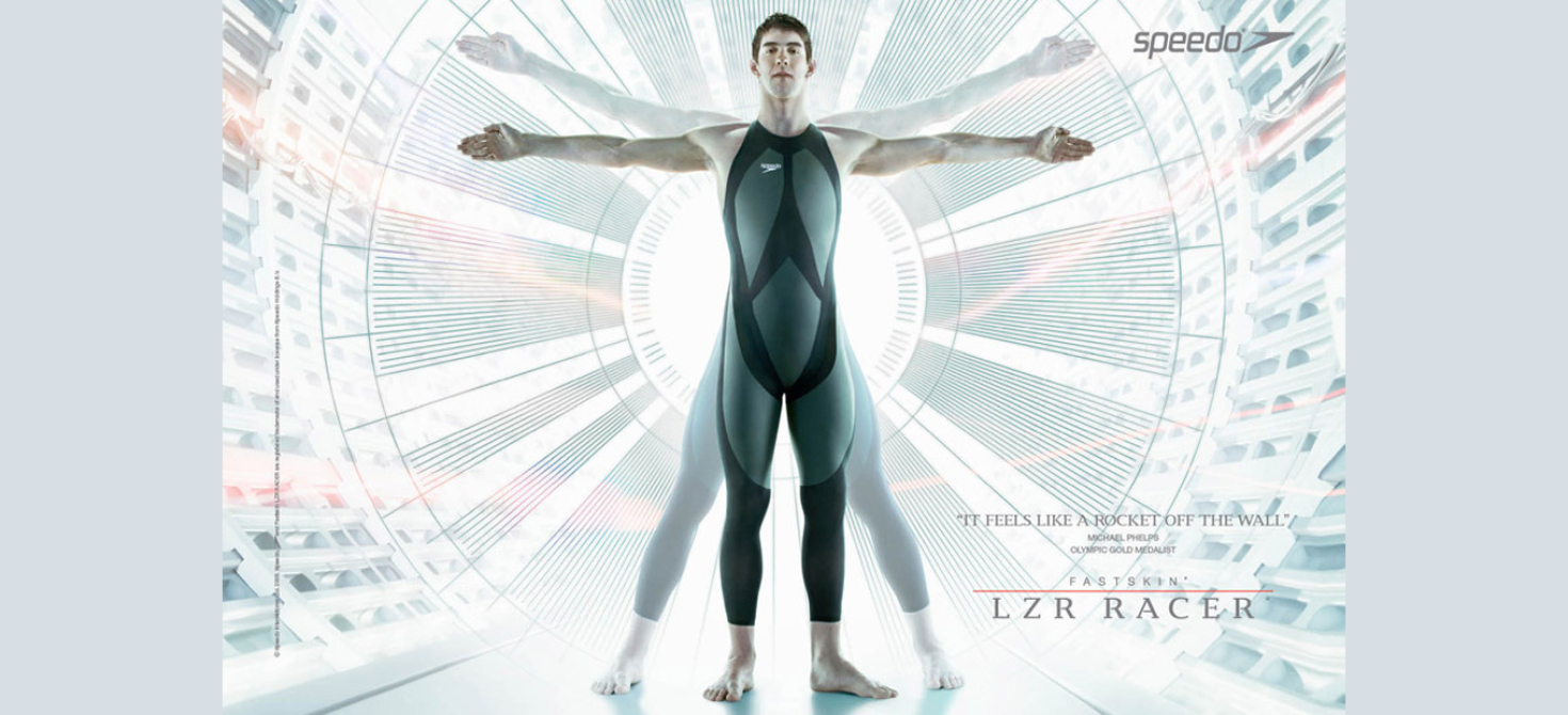 Swimmer Michael Phelps in his LZR suit, posing like Leonardo’s Vitruvian Man drawing