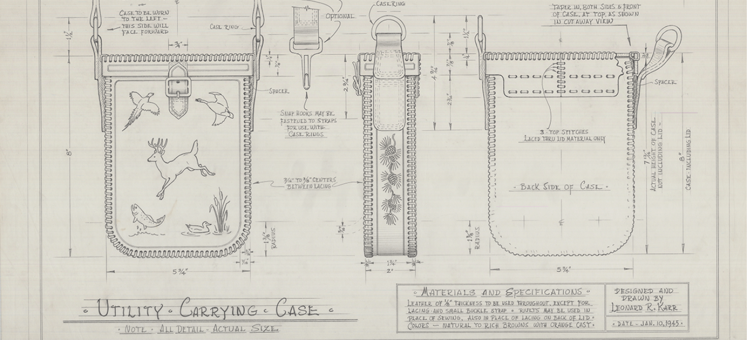 Pencil drawing by Leonard Karr for a hunting utility case design.