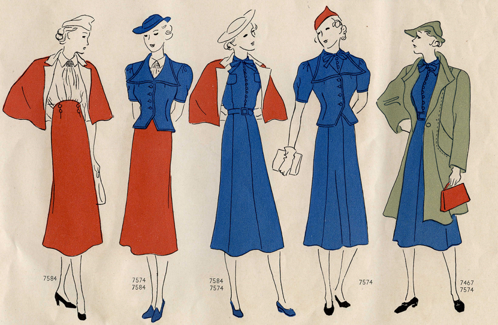 Stylized drawings of 5 women wearing various designs from the Vogue Pattern Book, 1937