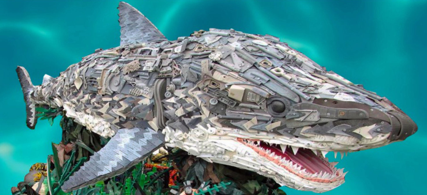 Shark sculpture created by Washed Ashore team