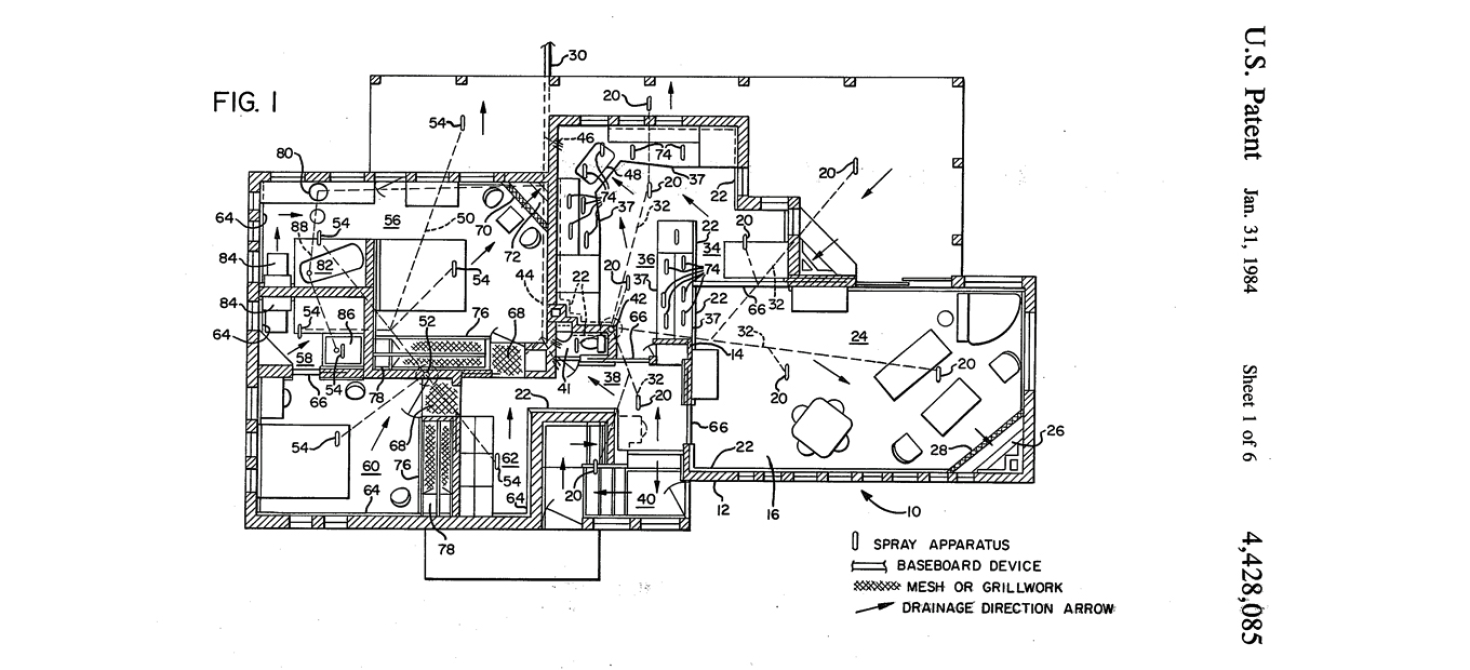 Figure 1 of US Patent 4,428,085 showing floorplan for self-cleaning house invented by Frances Gabe