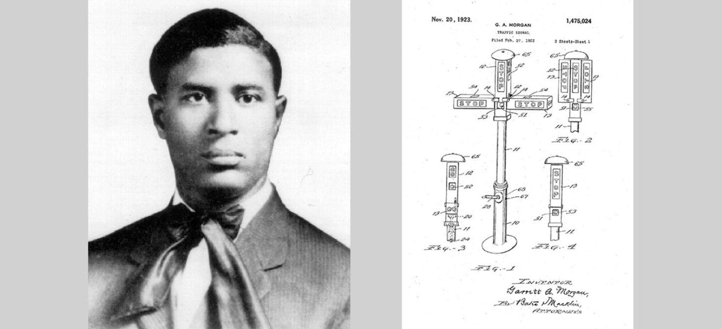 Composite of Morgan portrait photo on left and patent drawing for his traffic signal on right