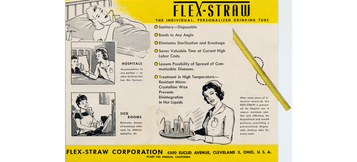 Advertisement illustrating use of flexible drinking straws in hospitals and sick rooms