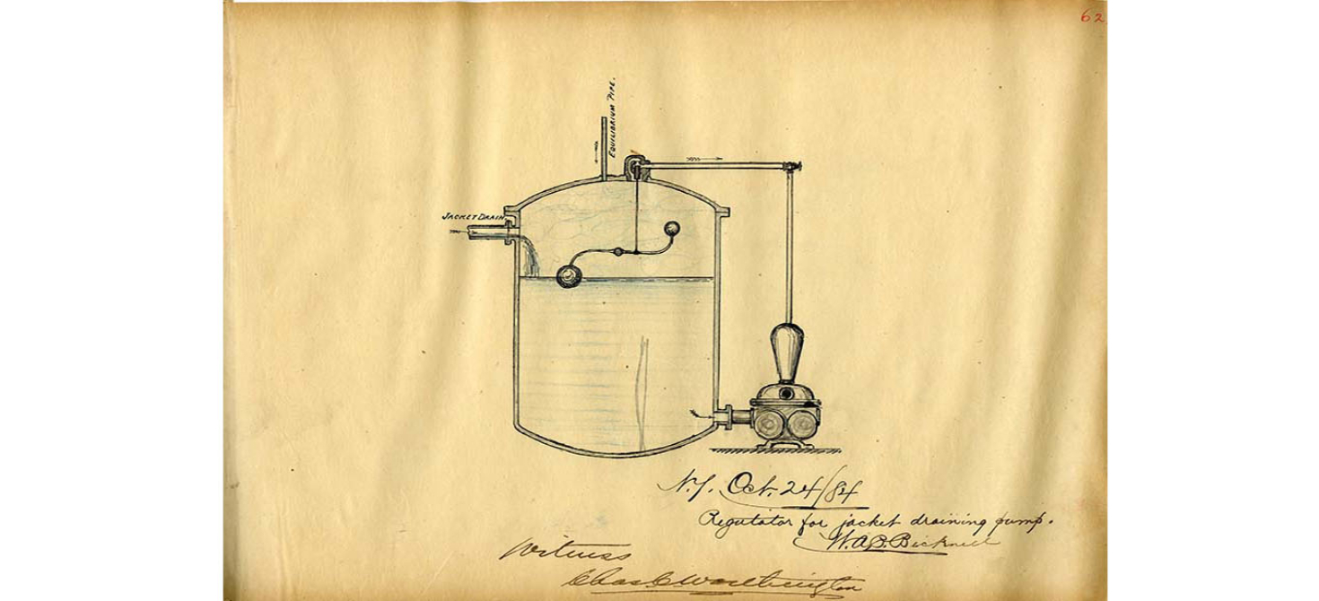 Sketch of regulator for jacket driving pump by William A. Bicknell, October 24, 1894.  Worthington Pump and Machinery Corporation Records (AC0916-0000003)