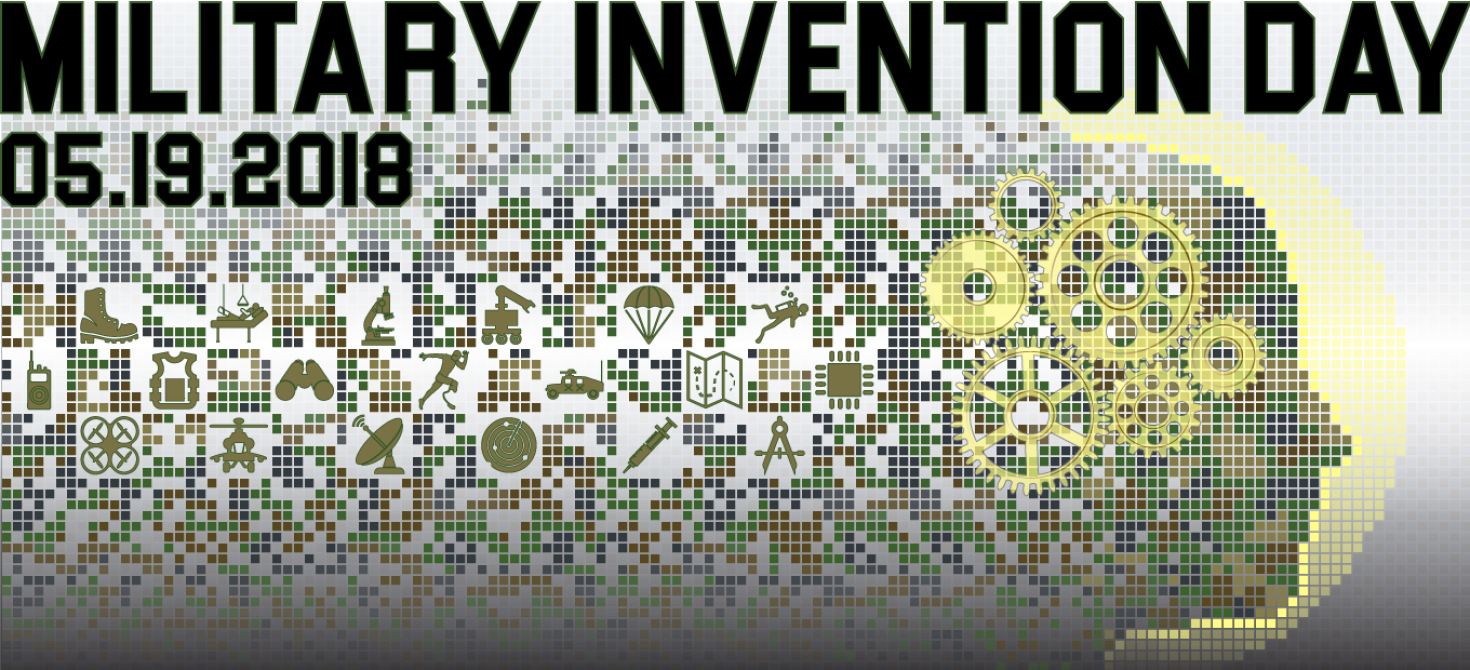 Military Invention Day 2018 banner logo; : a pixelated head in profile surrounded by icons representing inventions, with the caption Military Invention Day 05.19.2018.