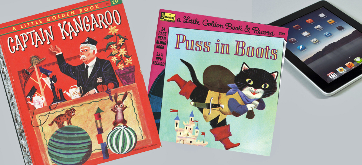 Covers of Captain Kangaroo and Puss in Boots books, and an iPad