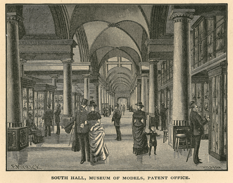 South Hall, Museum of Models, Patent Office. Illustration from Joseph West Moore, Picturesque Washington: Pen and Pencil Sketches, 1887, SI negative 2008-4988. 