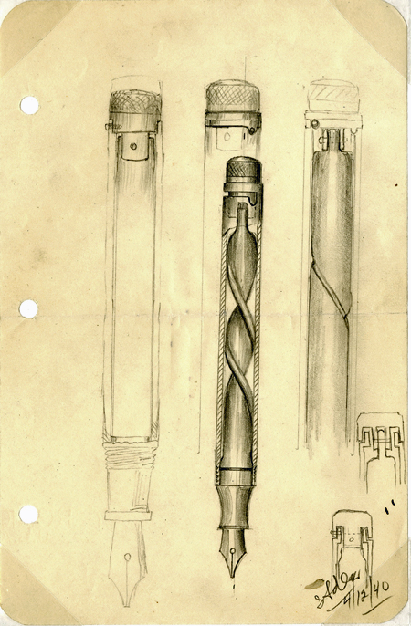 6 sketches of various views of a fountain pen with an ink bladder, with one showing details of the spiral screw-type mechanism inside the pen. At the bottom right of the page is written S Adler 4/12/40.