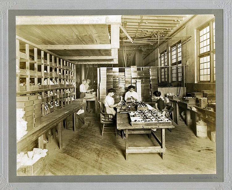 Women workers polishing and packing Celluloid billiard balls