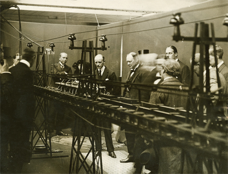 Winston Churchill (center right) was one of the guests at Bachelet's maglev demonstration, 1914