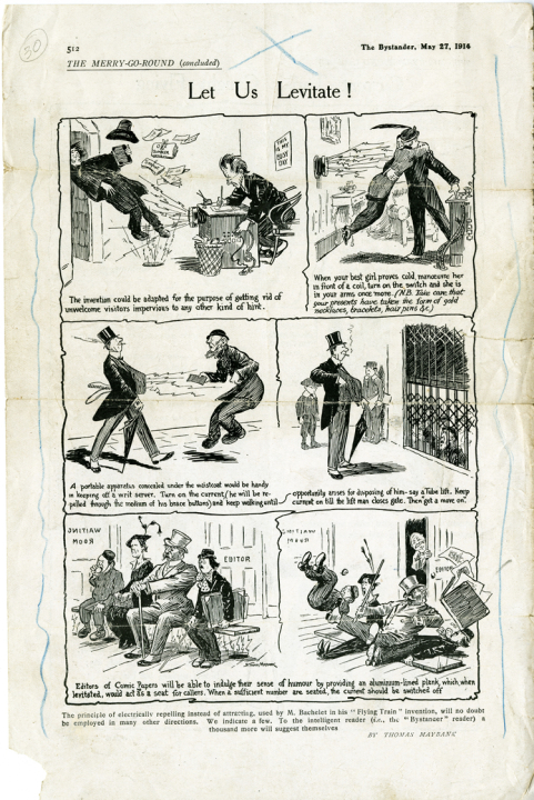 Let Us Levitate! cartoon, with joking suggestions for other uses of electromagnetic levitation, 1914