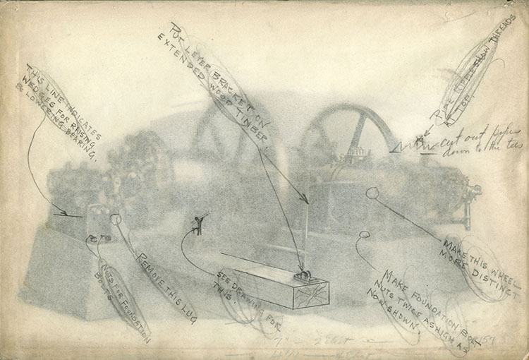 A semi-transparent sheet of parchment paper with handwritten notes for air brush artist placed over original image of an engine.