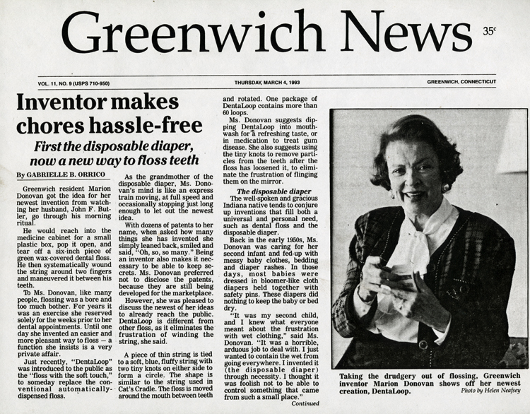 A reprint of a newspaper article about Marion O’Brien Donovan’s inventive career. The headline reads, “Inventor Makes Chores Hassle-Free,” with the subhead, “First the disposable diaper, now a new way to floss teeth.” Note: Donovan did not invent the disposable diaper; she invented a waterproof reusable diaper cover, which she called The Boater.