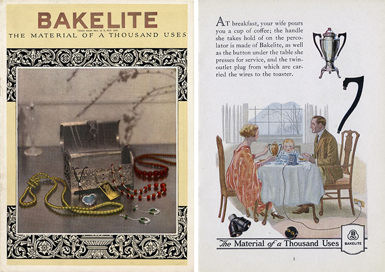 Composite image of (left) catalog cover with multiple pieces of Bakelite jewelry and (right) a couple having breakfast, using Bakelite appliances