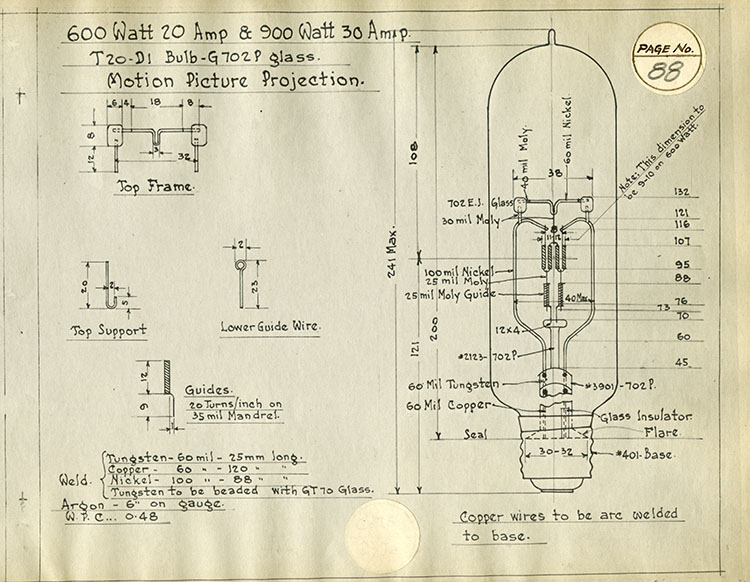 Engineering drawing of a movie projector bulb