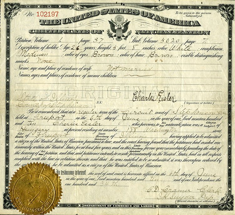 Eisler’s naturalization certificate