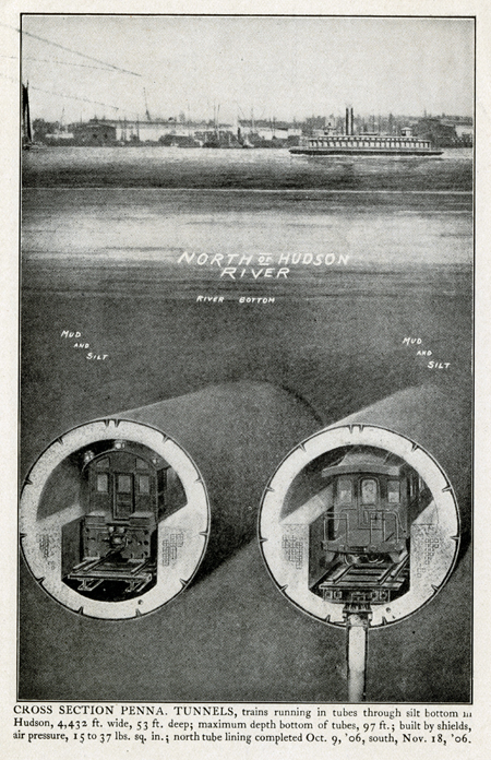 Engraving showing a cross section of the two tunnels under the Hudson River