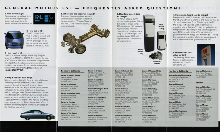 Folded brochure for General Motors EV1 electric car frequently asked questions, 1998