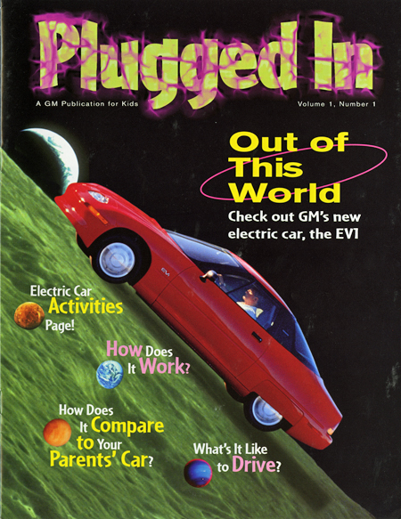 Cover of General Motors Plugged In magazine for children, 1997, showing EV1