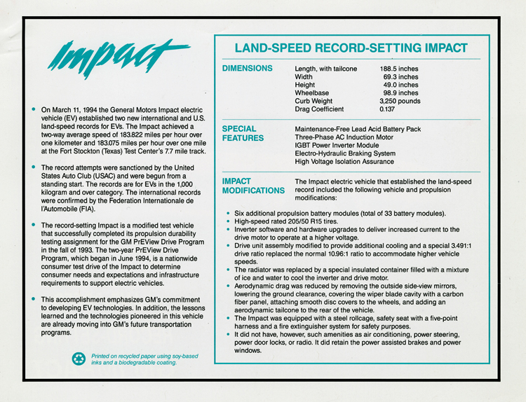 General Motors Impact electric car fact sheet, 1994, back. Includes information on dimensions, special features, and modifications